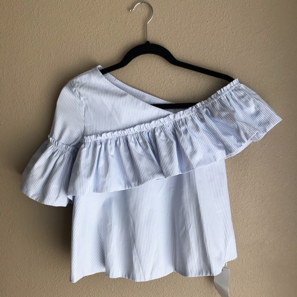 ZN Blue White Stripe One Shoulder Top S Boutique